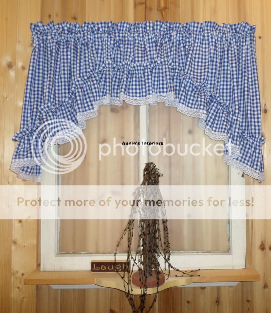 Country Cottage Blue Gingham Ruffled Swag Valance Curtain 82" Wide x 22